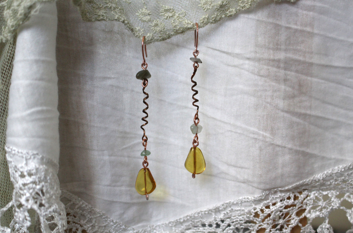 Grey Labradorite and Green Agate Copper Earrings
