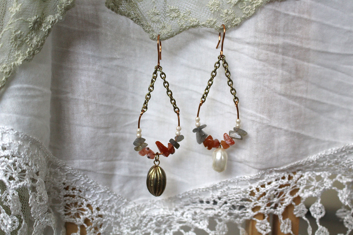 Carnelian and Grey Labradorite Copper Earrings