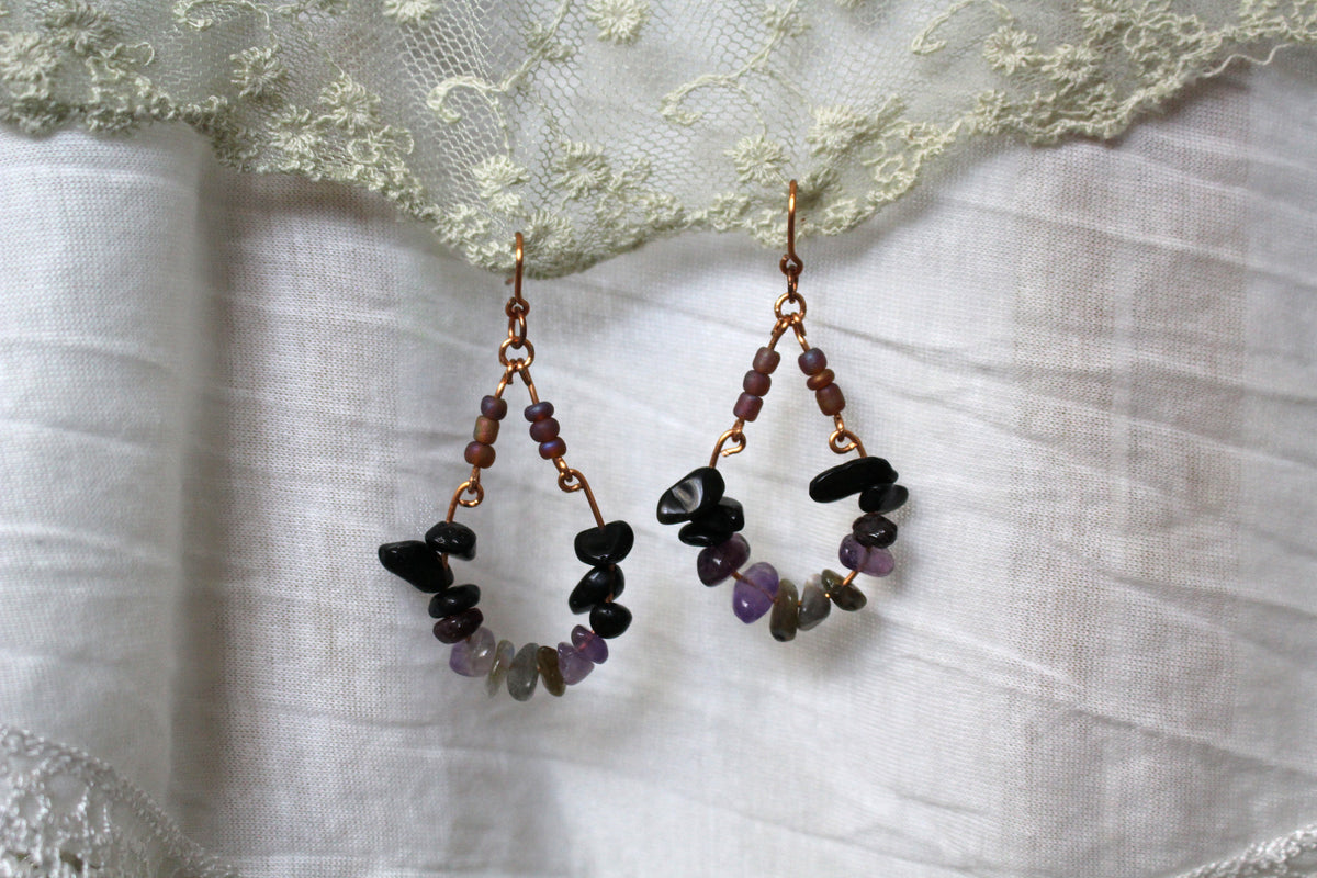 Grey Labradorite & Amethyst & Obsidian Copper Earrings