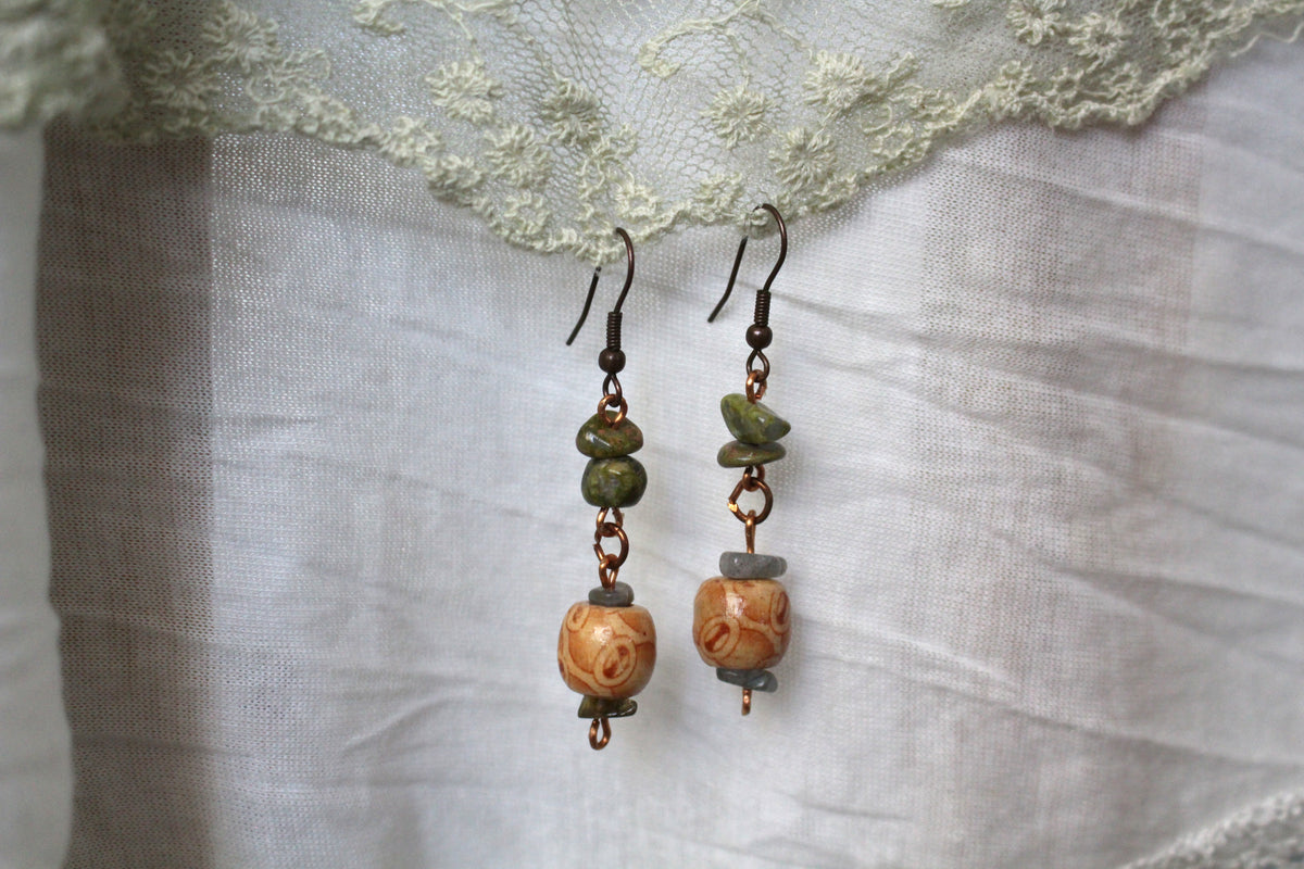 Unakite and Grey Labradorite Copper Earrings